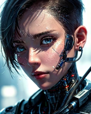 (masterpiece, realistic:1.5), 1girl,solo,looking at viewer,short hair,blue eyes,black hair,lips,portrait,close-up,science fiction,realistic,nose,android,cable,cyborg,cyberpunk,mechanical parts,wire