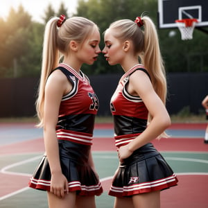 hyper realistic photo, 2 young girls with long blonde hair in a ponytail, small breasts, eyes closed, standing on a basketball court, dressed in red and black cheerleader uniforms with short skirts, hugging, about to kiss, facing each other, viewed from the side, full body shot