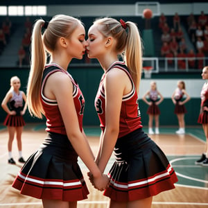 hyper realistic photo, 2 young girls with long blonde hair in a ponytail, small breasts, eyes closed, standing on a basketball court, dressed in red and black cheerleader uniforms with short skirts, hugging, about to kiss, facing each other, viewed from the side, full body shot