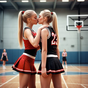 hyper realistic photo, 2 young girls with long blonde hair in a ponytail, small breasts, eyes closed, standing on a basketball court, dressed in red and black cheerleader uniforms with short skirts, hugging, about to kiss, facing each other, viewed from the side, full body shot