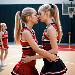 hyper realistic photo, 2 young girls with long blonde hair in a ponytail, small breasts, eyes closed, standing on a basketball court, dressed in red and black cheerleader uniforms with short skirts, hugging, breasts touching, about to kiss, facing each other, viewed from the side, full body shot