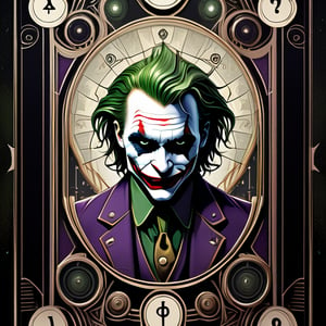 symmetrical, steampunk, portrait of joker in tarot card style, intricate detail, merge mystery of tarot and endless beauty of space, dark palette, artwork, crisp lines, rough aesthetics, masterpiece, abstract, surrealism, realistic, detailed, high resolution, 

Leonardo Style,Movie Poster,MoviePosterAF