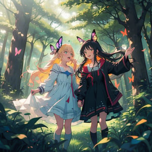 Anime, hd, bright colors, intense details,  two teen girls in dresses, playing in a magical forest. Surrounded by trees, playing in a clearing covered in grass, the girls are laughing and catching butterflies, both girls have long hair