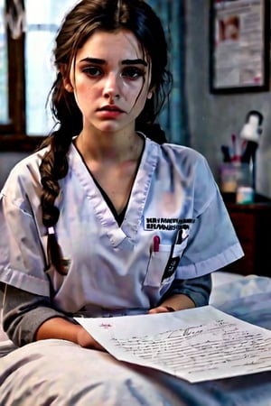 Ultra realistic, masterpiece, hd,1 sad girl, dark hair brown eyes, her makeup is smudged beautiful girl (staring off into the distance), emotional feel, she is sitting on the bed, beside her is a letter from a Doctors office.  