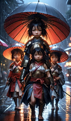 Hyper-detailed  painting, Jean-Baptiste Monge style, a gang of cute samurai girls gathered in the rain under an samurai armor, splash, glittering, cute and adorable, filigree, lights, fluffy, magic, surreal, fantasy, digital art, ultra hd, hyper-realistic illustration, vivid colors,  UHD, cinematic perfect light,greg rutkowski