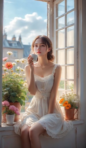 Oil painting, girl leaning against the window sill, resting her chin on the window and looking out the window, wide open window, (outside the window, various flowers are blooming in the flower bed), very delicate and soft lighting, details, Ultra HD, 8k, animated film, girl , holding a coffee cup, sitting on the window sill, holding a cup in both hands, shaking legs,