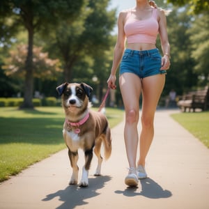 On a beautiful sunny day day, a pretty girl  walks her terrier dog in the park. She has a long blond ponytail.  Lightly tanned skin, minimal makeup and worn-out tennes shoes. She has ample breasts peaking out from a pink tank top. And very short matching shorts. The dog is brown with darker patches. 