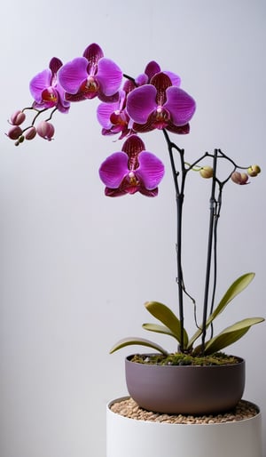 a close-up shot captures a variety of orchids in a pot. The orchid in the foreground is a vibrant shade of purple, while the orchid on the left is a lighter shade of pink. The flower in the middle is a deep red, with a few wispy petals that are protruding from the center of the petals. The petals are outlined in a diamond shape, adding a pop of color to the scene. To the right, another orchid with a bright yellow hue is visible. The pot is a light blue, and is placed on the ground, with dried leaves and twigs sticking out of it. In the background, a white wall can be seen.