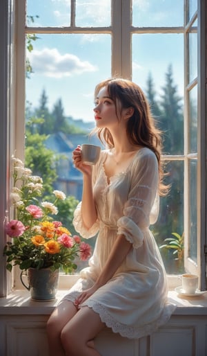 Oil painting, girl leaning against the window sill, resting her chin on the window and looking out the window, wide open window, (outside the window, various flowers are blooming in the flower bed), very delicate and soft lighting, details, Ultra HD, 8k, animated film, girl , holding a coffee cup, sitting on the window sill, holding a cup in both hands, shaking legs,