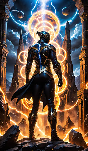 Cinematic mastery unfolds in one masterpiece: a powerful black magician towering over an abstract background of chaotic relief circles on ancient black stone, exuding menace. His pin-up style costumes sparkle with intense flashes of lightning strikes, lightning, blue, silver and gold, shimmering under dramatic, voluminous and dynamic lights. As raw energy enters the earth, he summons a force of the calamity of the century, exploding earth, sand, and rock into the air, triggering an awe-inspiring display of earthquakes and fire and lightning that is both mysterious and conspiratorial.