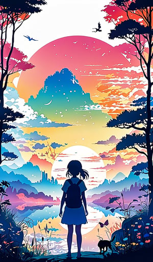 Silhouette of a girl in a scenery of a magical world, fantastic scenery of another world, close-up, double exposure, white background, vibrant colors, Studio Ghibli, StdGBRedmAF, lineart