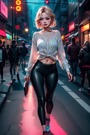 Masterpiece, hd, complex_background, 1 girl walking towards the viewer on the sidewalk of a busy neon lit street, long platinum_blonde_hair, yoga pants, loose fitting blouse, minimal makeup,  talking on her cell phone and gesturing, 