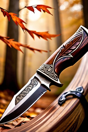 A close-up shot of a skilled craftsman's hands, gripping the worn wooden handle of his handmade hunting knife as it rests snugly within its rich brown leather sheath. The camera frames the intricate carvings on the sheath, depicting a vivid hunting scene: a buck prancing through forest, leaves rustling in the autumn breeze. The craftsman's weathered hands seem to hold the storybook tale of the hunt itself.,shodanSS_soul3142