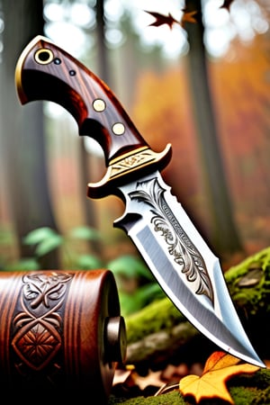 A close-up shot of a skilled craftsman's hands, gripping the worn wooden handle of his handmade hunting knife (as it rests snugly within its rich brown leather sheath). The camera frames the intricate carvings on the sheath, depicting a vivid hunting scene: a buck prancing through forest, leaves rustling in the autumn breeze. The craftsman's weathered hands seem to hold the storybook tale of the hunt itself.,shodanSS_soul3142,DonMD34thKn1gh7XL