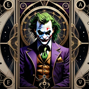 symmetrical, steampunk, portrait of joker in tarot card style, intricate detail, merge mystery of tarot and endless beauty of space, dark palette, artwork, crisp lines, rough aesthetics, masterpiece, abstract, surrealism, realistic, detailed, high resolution, 

Leonardo Style,Movie Poster,MoviePosterAF