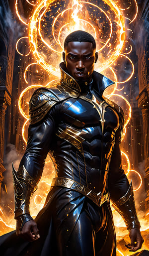 Cinematic mastery unfolds in one masterpiece: a powerful black magician towering over an abstract background of chaotic relief circles on ancient black stone, exuding menace. His pin-up style costumes sparkle with intense flashes of lightning strikes, lightning, blue, silver and gold, shimmering under dramatic, voluminous and dynamic lights. As raw energy enters the earth, he summons a force of the calamity of the century, exploding earth, sand, and rock into the air, triggering an awe-inspiring display of earthquakes and fire and lightning that is both mysterious and conspiratorial.