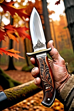 A close-up shot of a skilled craftsman's hands, gripping the worn wooden handle of his handmade hunting knife as it rests snugly within its rich brown leather sheath. The camera frames the intricate carvings on the sheath, depicting a vivid hunting scene: a buck prancing through forest, leaves rustling in the autumn breeze. The craftsman's weathered hands seem to hold the storybook tale of the hunt itself.,shodanSS_soul3142