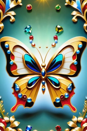 Hd, complex_background, masterpiece, golden butterfly covered in various precious stones to complete complex patterns,