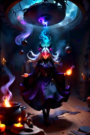 Ultra realistic masterpiece, hd, complex_background, 1 witch, conjuring a spell, a pot of evil liquid in front of her. Energy swirls around. She is dressed in black, grey hair in a bun, strange items hang from the ceiling,  the room is cluttered with things associated with her craft. Detailed,  dark, ,LegendDarkFantasy
