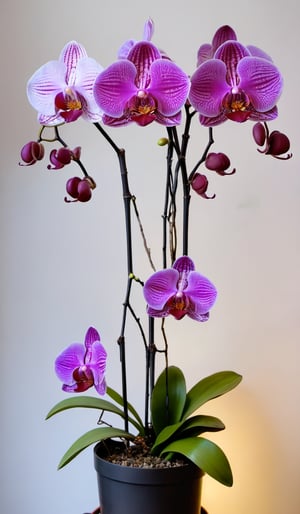 a close-up shot captures a variety of orchids in a pot. The orchid in the foreground is a vibrant shade of purple, while the orchid on the left is a lighter shade of pink. The flower in the middle is a deep red, with a few wispy petals that are protruding from the center of the petals. The petals are outlined in a diamond shape, adding a pop of color to the scene. To the right, another orchid with a bright yellow hue is visible. The pot is a light blue, and is placed on the ground, with dried leaves and twigs sticking out of it. In the background, a white wall can be seen.