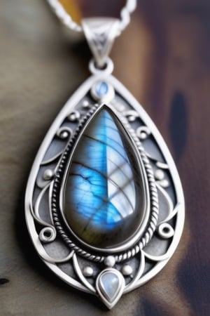 Ultra realistic, masterpiece, hd, complex_background, sterling silver triangular Pendant with teardrop labradorite cabochon, in the center, 