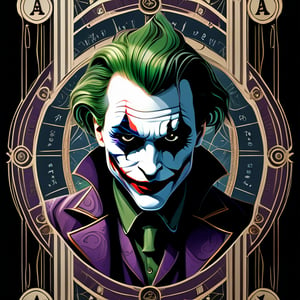 symmetrical, steampunk, portrait of joker in tarot card style, intricate detail, merge mystery of tarot and endless beauty of space, dark palette, artwork, crisp lines, rough aesthetics, masterpiece, abstract, surrealism, realistic, detailed, high resolution, 

Leonardo Style,Movie Poster,MoviePosterAF