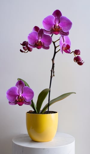 a close-up shot captures a variety of orchids in a pot. The orchid in the foreground is a vibrant shade of purple, while the orchid on the left is a lighter shade of pink. The flower in the middle is a deep red, with a few wispy petals that are protruding from the center of the petals. The petals are outlined in a diamond shape, adding a pop of color to the scene. To the right, another orchid with a bright yellow hue is visible. The pot is a light blue, and is placed on the ground, with dried leaves and twigs sticking out of it. In the background, a white wall can be seen.