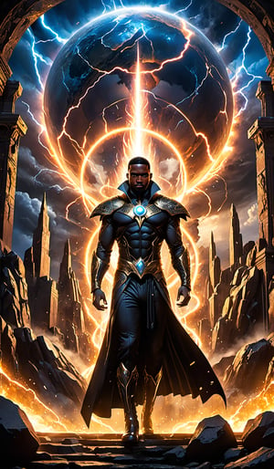 Cinematic mastery unfolds in one masterpiece: a powerful black magician towering over an abstract background of chaotic relief circles on ancient black stone, exuding menace. His pin-up style costumes sparkle with intense flashes of lightning strikes, lightning, blue, silver and gold, shimmering under dramatic, voluminous and dynamic lights. As raw energy enters the earth, he summons a force of the calamity of the century, exploding earth, sand, and rock into the air, triggering an awe-inspiring display of earthquakes and fire and lightning that is both mysterious and conspiratorial.