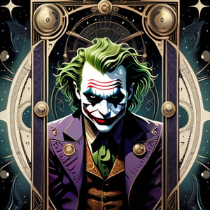 symmetrical, steampunk, portrait of joker in tarot card style, intricate detail, merge mystery of tarot and endless beauty of space, dark palette, artwork, crisp lines, rough aesthetics, masterpiece, abstract, surrealism, realistic, detailed, high resolution, 

Leonardo Style,Movie Poster,MoviePosterAF