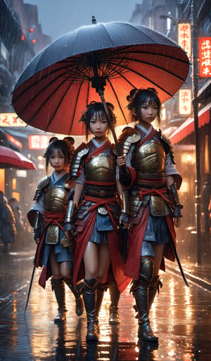 Hyper-detailed  painting, Jean-Baptiste Monge style, a gang of cute samurai girls gathered in the rain under an samurai armor, splash, glittering, cute and adorable, filigree, lights, fluffy, magic, surreal, fantasy, digital art, ultra hd, hyper-realistic illustration, vivid colors,  UHD, cinematic perfect light,greg rutkowski