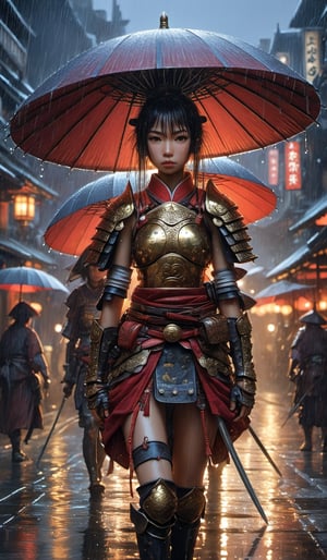 Hyper-detailed  painting, Jean-Baptiste Monge style, a gang of cute samurai girls gathered in the rain under an samurai armor, splash, glittering, cute and adorable, filigree, lights, fluffy, magic, surreal, fantasy, digital art, ultra hd, hyper-realistic illustration, vivid colors,  UHD, cinematic perfect light,greg rutkowski