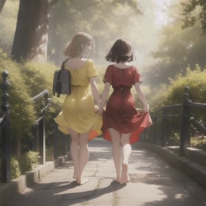Ultra realistic, masterpiece, hd, complex_background, (two young girls )walking away from the viewer. Both girls have colorful dresses, the girls are barefooted and (carrying their shoes) as the walk on a tree lined path, (one girl is brunette and wearing a red dress, the other girl is blond and wearing a yellow dress),  the colors in their dresses is accentuated by bright sunshine shining on their backs as they walk away making the dresses semi transparent 