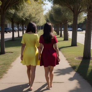 Ultra realistic, masterpiece, hd, complex_background, (two young girls )walking away from the viewer. Both girls have colorful dresses, the girls are barefooted and (carrying their shoes) as the walk on a tree lined path, (one girl is brunette and wearing a red dress, the other girl is blond and wearing a yellow dress),  the colors in their dresses is accentuated by bright sunshine shining on their backs as they walk away making the dresses semi transparent 