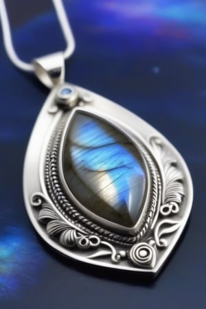 Ultra realistic, masterpiece, hd, complex_background, sterling silver triangular Pendant with labradorite cabochon, in the center, 