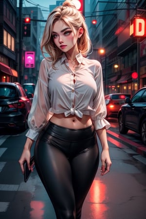 Masterpiece, hd, complex_background, 1 girl walking towards the viewer on the sidewalk of a busy neon lit street, long platinum_blonde_hair, yoga pants, loose fitting blouse, minimal makeup,  talking on her cell phone and gesturing, 