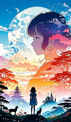 Silhouette of a girl in a scenery of a magical world, fantastic scenery of another world, close-up, double exposure, white background, vibrant colors, Studio Ghibli, StdGBRedmAF, lineart