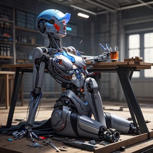 Ultra realistic, masterpiece, hd, complex_background,  1 beautiful robot, cybernetic female, anatomically correct,  is broken and ((lay partially disassembled)), on a shop table, full body image , workshop background,  detailed, it is deactivated and taken apart 