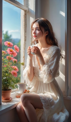 Oil painting, girl leaning against the window sill, resting her chin on the window and looking out the window, wide open window, (outside the window, various flowers are blooming in the flower bed), very delicate and soft lighting, details, Ultra HD, 8k, animated film, girl , holding a coffee cup, sitting on the window sill, holding a cup in both hands, shaking legs,