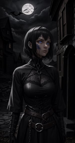 [(mature, strong demeanor:1.2) ::6], (darker gothic aesthetics:1.3), BREAK (1female, goth tomboy), tall stature, [messy pixie hair: black hair: 0.80], clad in medieval armor, brooding expression, Halloween night, (ominous atmosphere:1.4), (eerie moonlight:1.2), highly detailed, upper body
