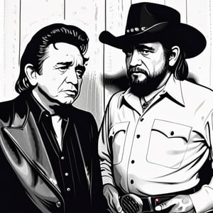 johnny cash and waylon jennings black and white sketch