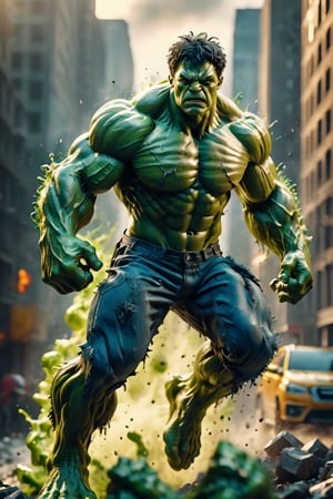 Hulk film poster, in the style of epic movement, Dynamic composition, cinematic color grading, stunning, photorealistic, chaotic action, intense emotion. Shot with a Canon EOS-1D X Mark III, (motion blure:1.2)