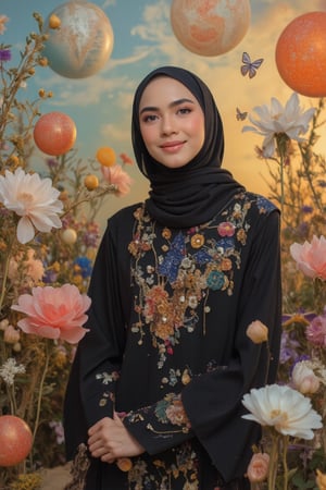 A whimsical Malay woman in a surreal, vibrant scene, shot mid-frame, donning a black hijab and flowing black-blue Baju Kurung Moden. Warm lighting accentuates her gentle features and radiant smile as she relaxes amidst swirling colors and abstract shapes. Her abaya blows softly in the breeze, framing her joyful expression. Intricate details dance across her attire, juxtaposed against a dreamlike backdrop that amplifies her cultural essence.,bajukurungmoden