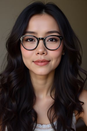  a realistic photo of a [very pretty 26 year old woman], with [long, wavy, dark hair], wearing [thick nerd glasses], light makeup, looking [innocent, cute, flushed], [light] skin