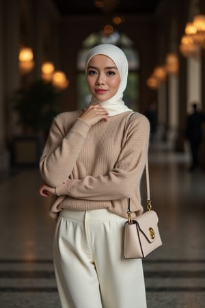 A stunning young woman stands poised on the floor, beige sweater and white pants blending harmoniously as subtle folds accentuate her confident demeanor. Softly lit against a shallow depth of field, she cradles a sleek white hijab, handbag securely held by her side, amidst moody lighting that casts dramatic shadows. Vignette and bokeh effects add texture, film grain, and an expansive cinemascope composition creates a luxurious visual experience, transporting the viewer to a high-end world of elegance and sophistication.