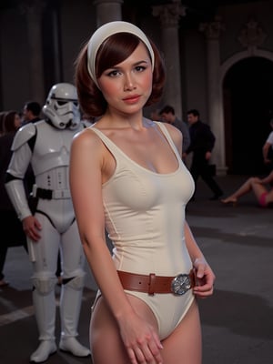 Full shot, Screengrab of 1950's Super Panavision 70 movie retro in color. Star wars movie realistic Princess Leia wear tight sexy outfit