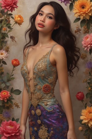 A stunning beauty woman in a Pixomeda style, vibrant and surreal. She stands gracefully, framed in a mid-shot, with soft, glowing lighting. Her pose is elegant, with flowing hair and a serene expression. The composition is balanced, with intricate details and a dreamlike atmosphere. The background is abstract and colorful, enhancing her ethereal presence.