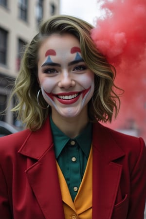 Art of a  joker Joker's twisted grin wearing her makeup face,  her suit, red smoke , realistic city background 