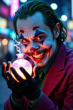 Medium shot of the Joker's maniacal grin, illuminated by the city's neon haze, as he cradles a radiant, iridescent potion in his gloved hand. The potion's luminescent tendrils dance across his fingers, casting an otherworldly glow on his face. Vibrant colors and sharp contrasts define the scene, capturing the Joker's mesmerizing intensity amidst the urban fantasy landscape.