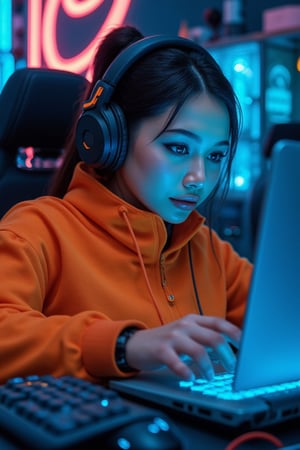 Futuristic femme fatale dominates frame, intense focus etched on face as she commands digital realm. Orange sport jacket's high collar frames gaze, bathed in blue light from laptop screen. Matte black headset with vibrant orange accents sits atop head, immersed in cyberspace. Neon hues dance across walls, casting neon-lit ambiance. Medium macro close-up captures 3/4 quarter view of determined expression amidst high-tech trappings: keyboards, wires, and sleek machinery hum in background.