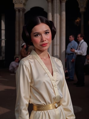 Full shot, Screengrab of 1950's Super Panavision 70 movie retro in color. Star wars movie as a ((Princess Leia:1.4)) wear tight sexy outfit, black hair